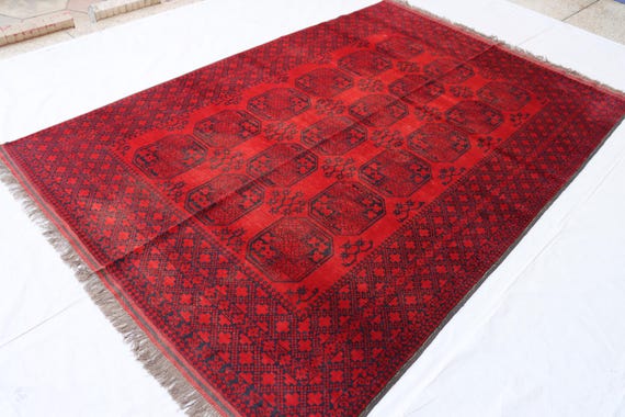 7 x 10フィートの赤いアフガンラグ：手織りのトルクメンウール