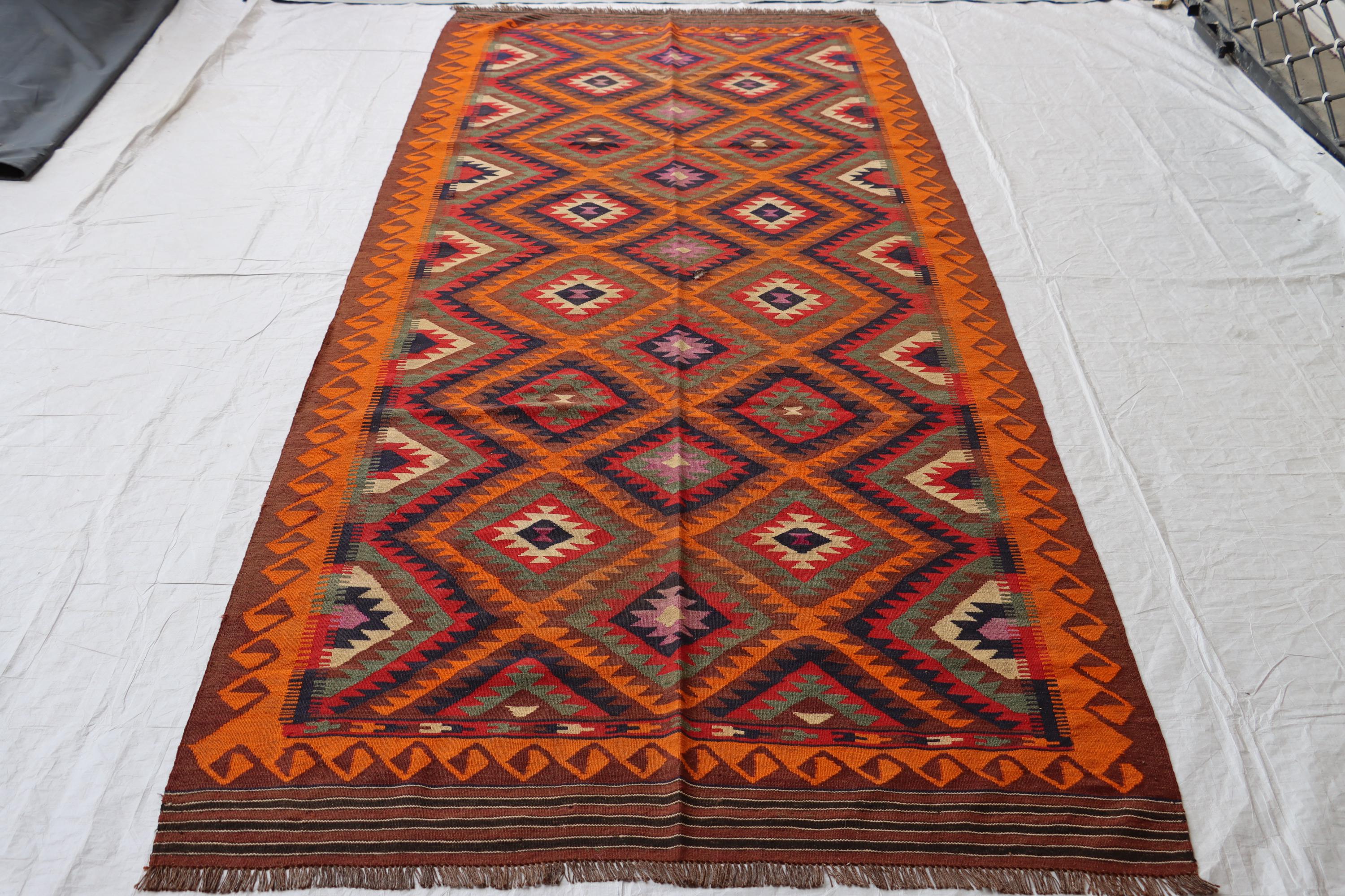 5 x 12フィートのオリーブオレンジのアフガンキリムラグ：手作りウール