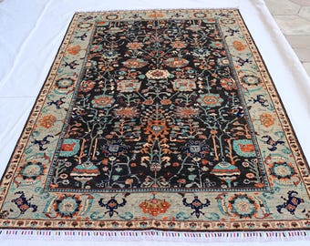 7x10 ft. Black Floral Afghan Wool Rug: Handmade Turkmen Rug