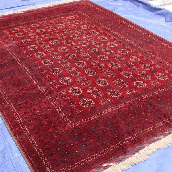 Vintage Turkmen Wool Rug: 7x10 ft Hand-Knotted Afghan Waziri