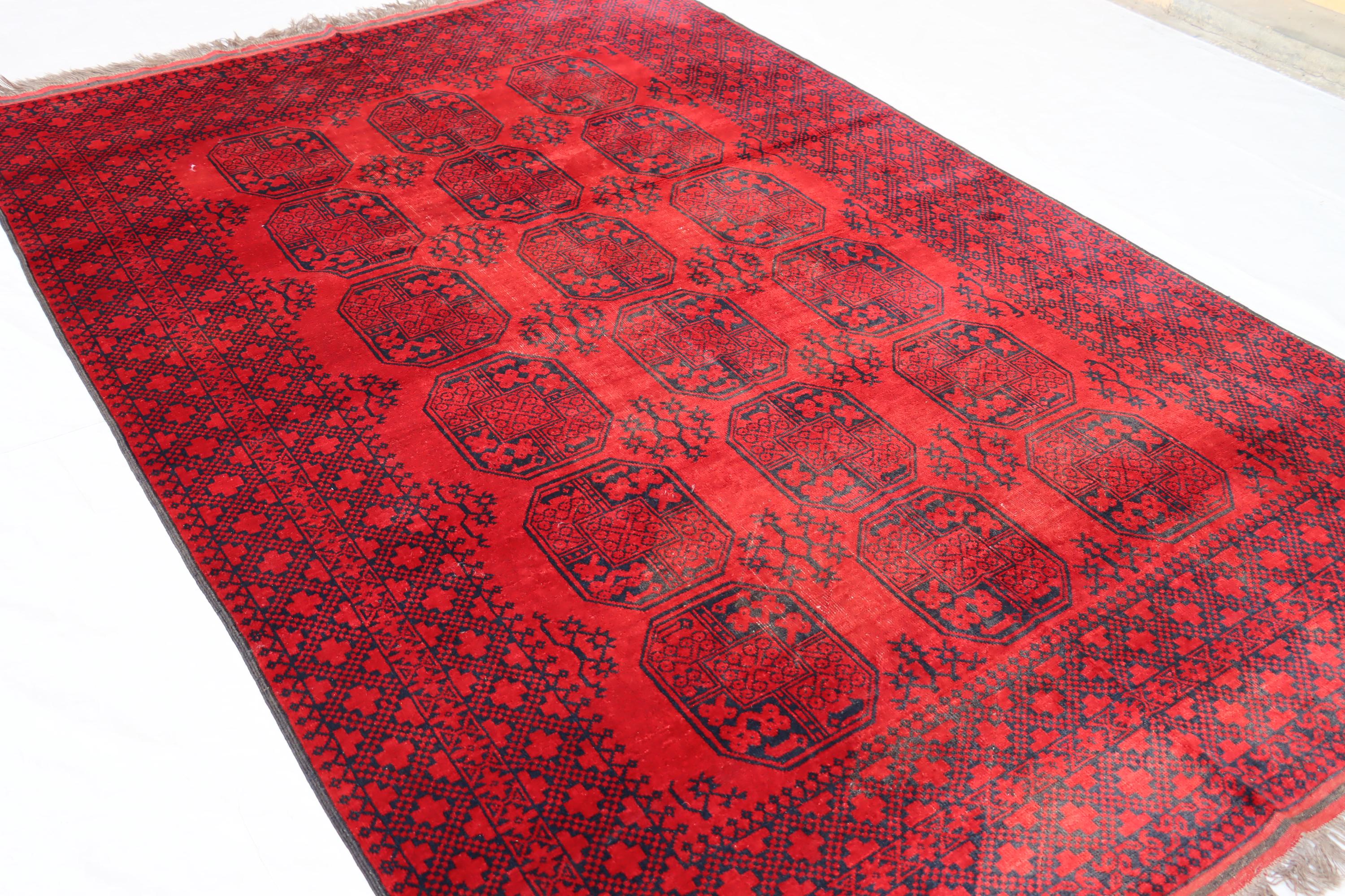 7 x 10フィートの赤いアフガンラグ：手織りのトルクメンウール