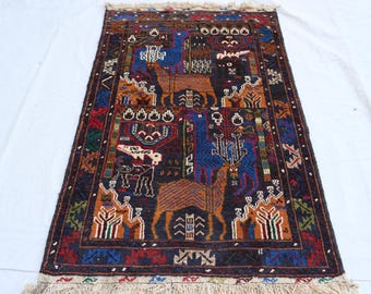 Vintage målarbild afghansk matta: 3 x 5 fot ull turkmensk matta