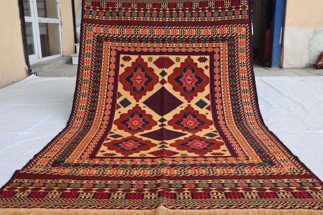Vintage Afghan Sumac Kilim Rug: 4x7 Ft Yellow Wool Handmade Rug - Etsy