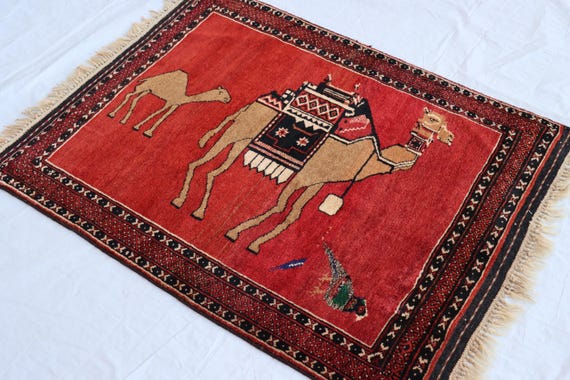 Red Pictorial Camel Rug: Vintage Afghan Turkmen Wool Rug (3x4ft