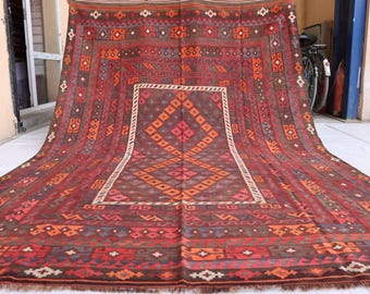 1940年代のテラコッタアフガンラグ：9.7x6.5フィートの