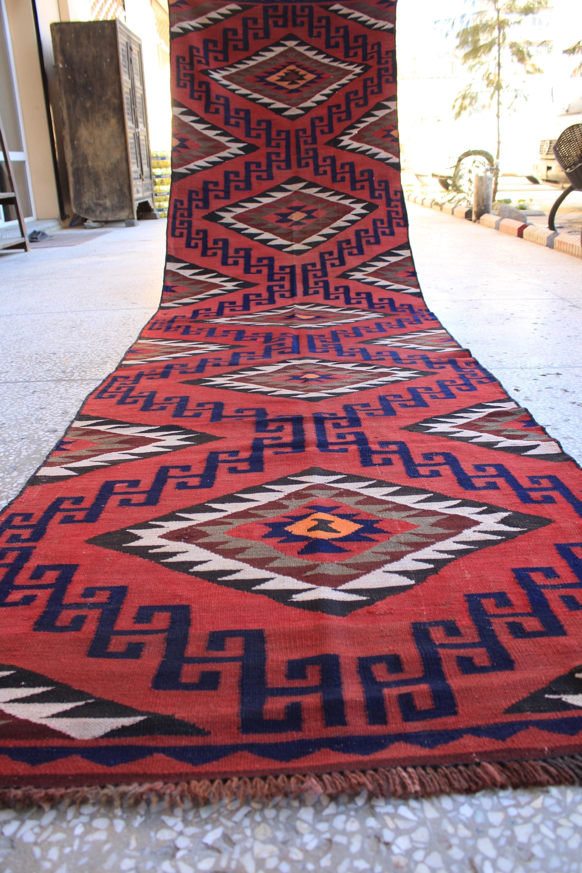 ヴィンテージ アフガン ランナーラグ：テラコッタウールキリム、3 x 13