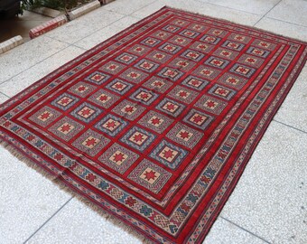 7x10 ft Vintage Afghan Wool Kilim Rug, Red and Blue Tribal Design