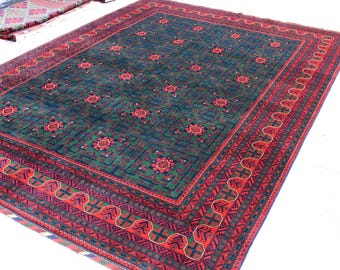 7 x 10フィートのヴィンテージアフガンラグ：手織りトルクメンウール