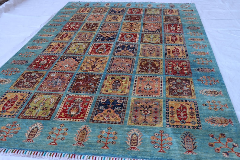 Handmade Turquoise Afghan Wool Rug, Turkmen Tribal Design, 7x10 Ft ...