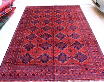 大きな赤いアフガニスタンウールラグ：7 x 10フィートの手作り