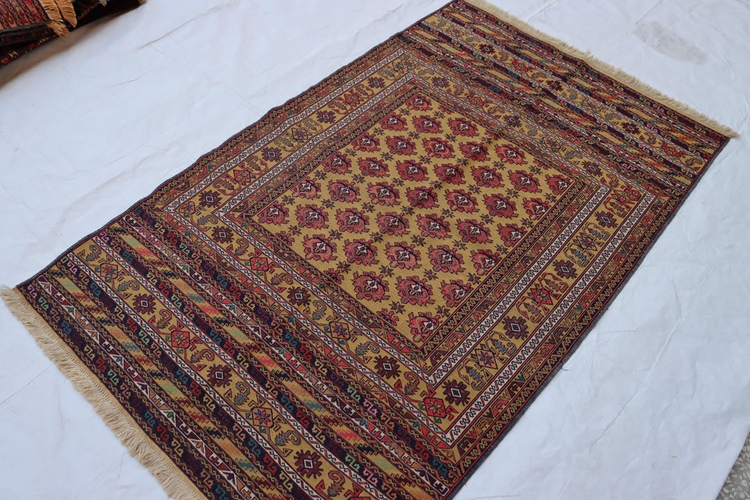Sumac Rugs Yellow Vintage Sumac Kilim Rug: 4x7 Ft Afghan Wool Handmade Rug - Etsy
