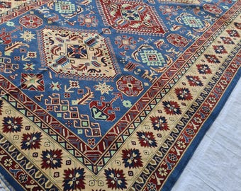 Alfombra afgana azul de 7x10: alfombra tribal de lana turcomana hecha a mano