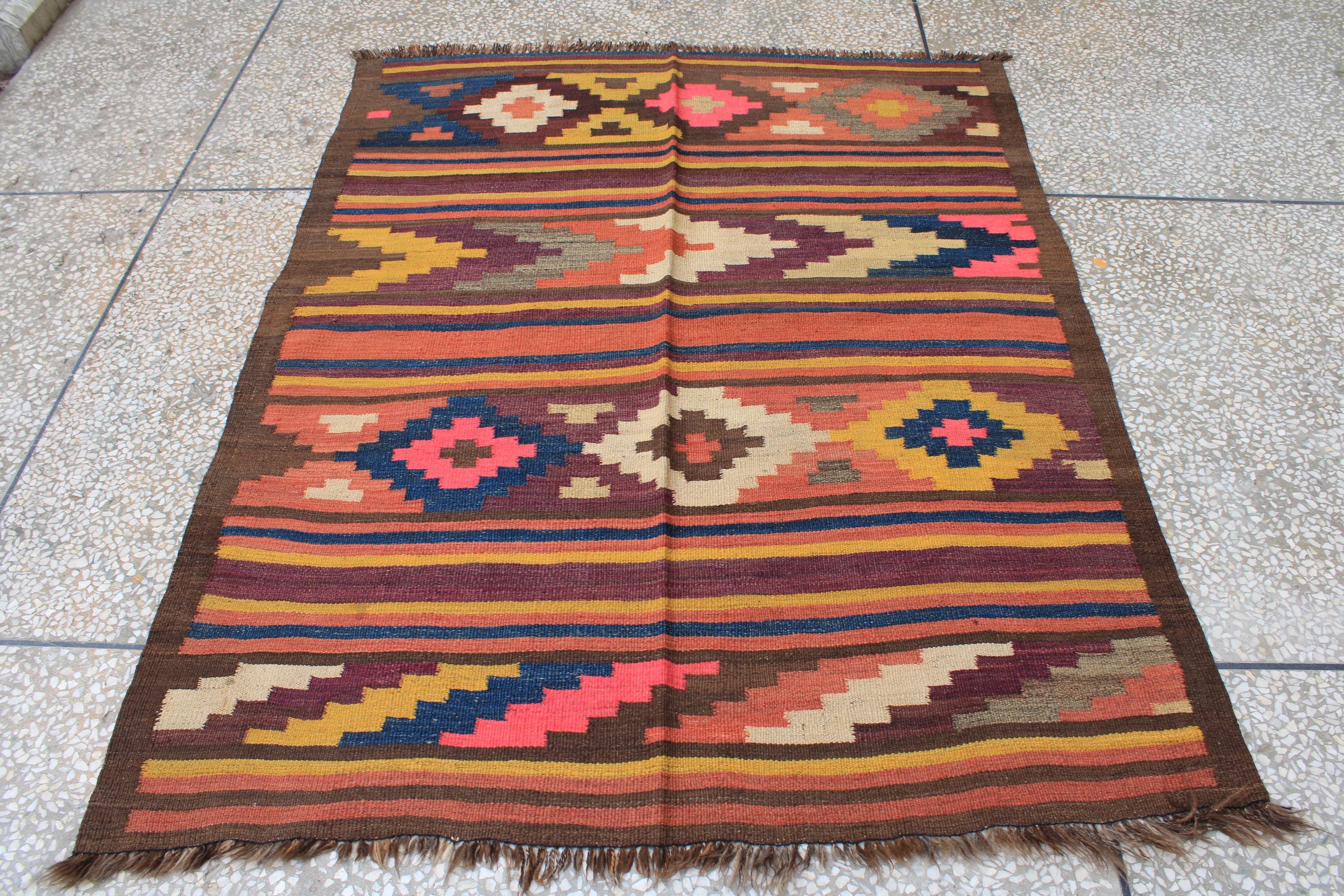 Vintage Afghan Kilim Rug: 5x4 Ft Terracotta Wool Rug - Etsy