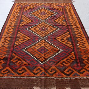 Vintage Terracotta Kilim Rug: 6x11ft Afghan Wool Rug