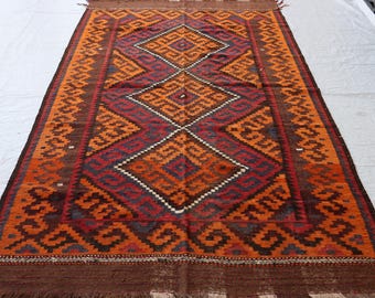 1940年代のテラコッタアフガンラグ：9.7x6.5フィートの