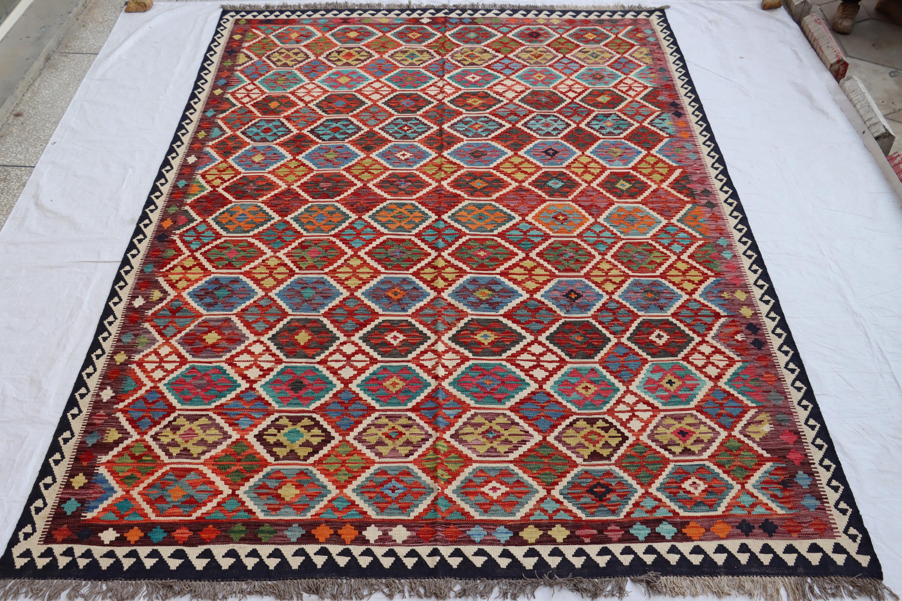 8 x 11フィートの赤いアフガンウールキリムラグ：大きな手織りの