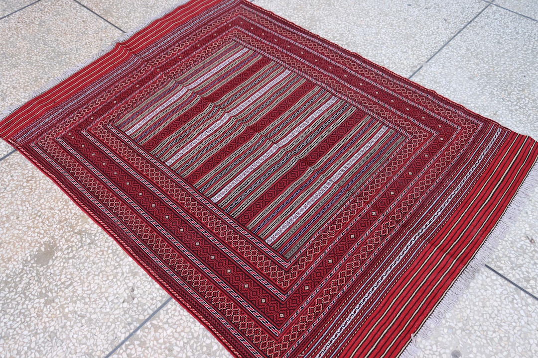 トルクメン アフガニスタン レッド ラグ/サイズ: 52x160cm... k5 ヴィンテージ アフガニスタン キリム ラグ 5x7: 手織りウール