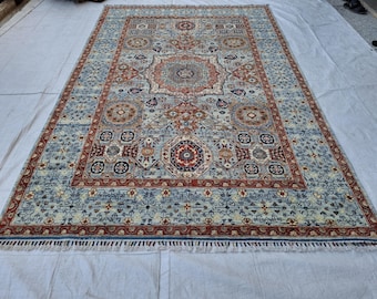 Alfombra turcomana de lana azul claro hecha a mano - Diseño tribal afgano (1,8 x 3 m)