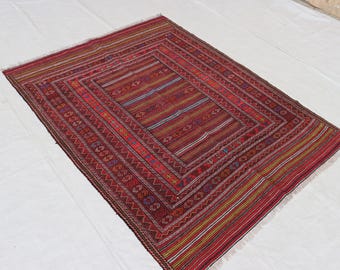 Vintage Afghan Kilim Rug 5x6 ft: Hand-Knotted Wool Turkmen Rug