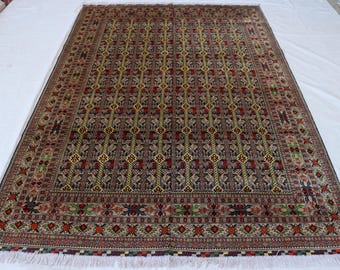 7x10 ft Vintage Afghan Turkmen Rug: Navy Blue Wool, Hand-Knotted