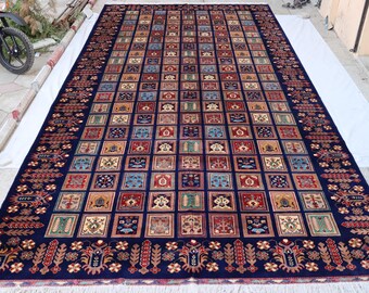 Extra stor marinblå afghansk matta: Handknuten turkmensk ull, 3 x 6 meter