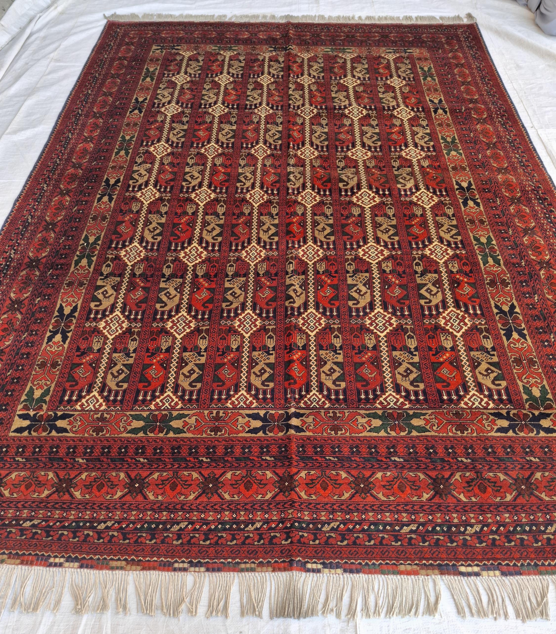 大きな赤いアフガンラグ：7 x 10フィート、ハンドメイドトルクメン