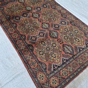 May include: A traditional Persian rug with a detailed floral pattern in shades of red, orange, blue, and green. The rug has a fringe border and is made of wool.