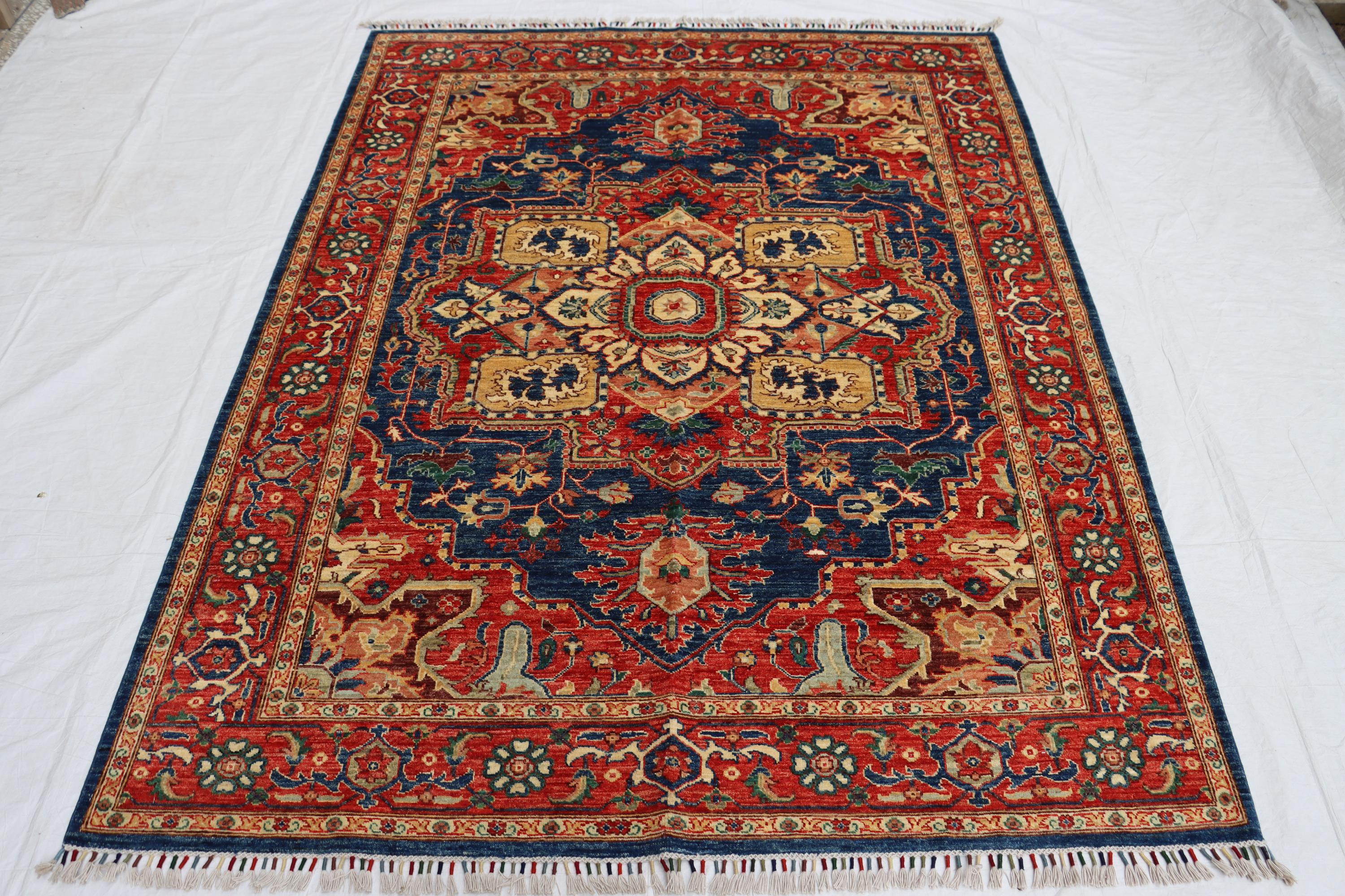 6 x 8フィートのネイビーブルーのアフガンラグ：手織りトルクメン