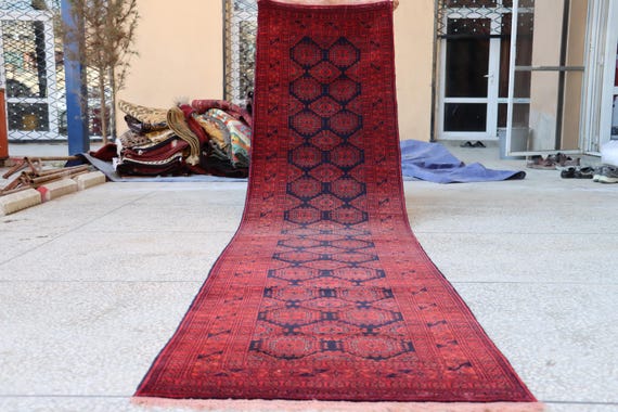 ☾Vintage Rug☽ 210cm×80cm　トルクメン族　アフガンラグ ハンドメイドウールアフガンランナーラグ、トルクメン族デザイン、3 x