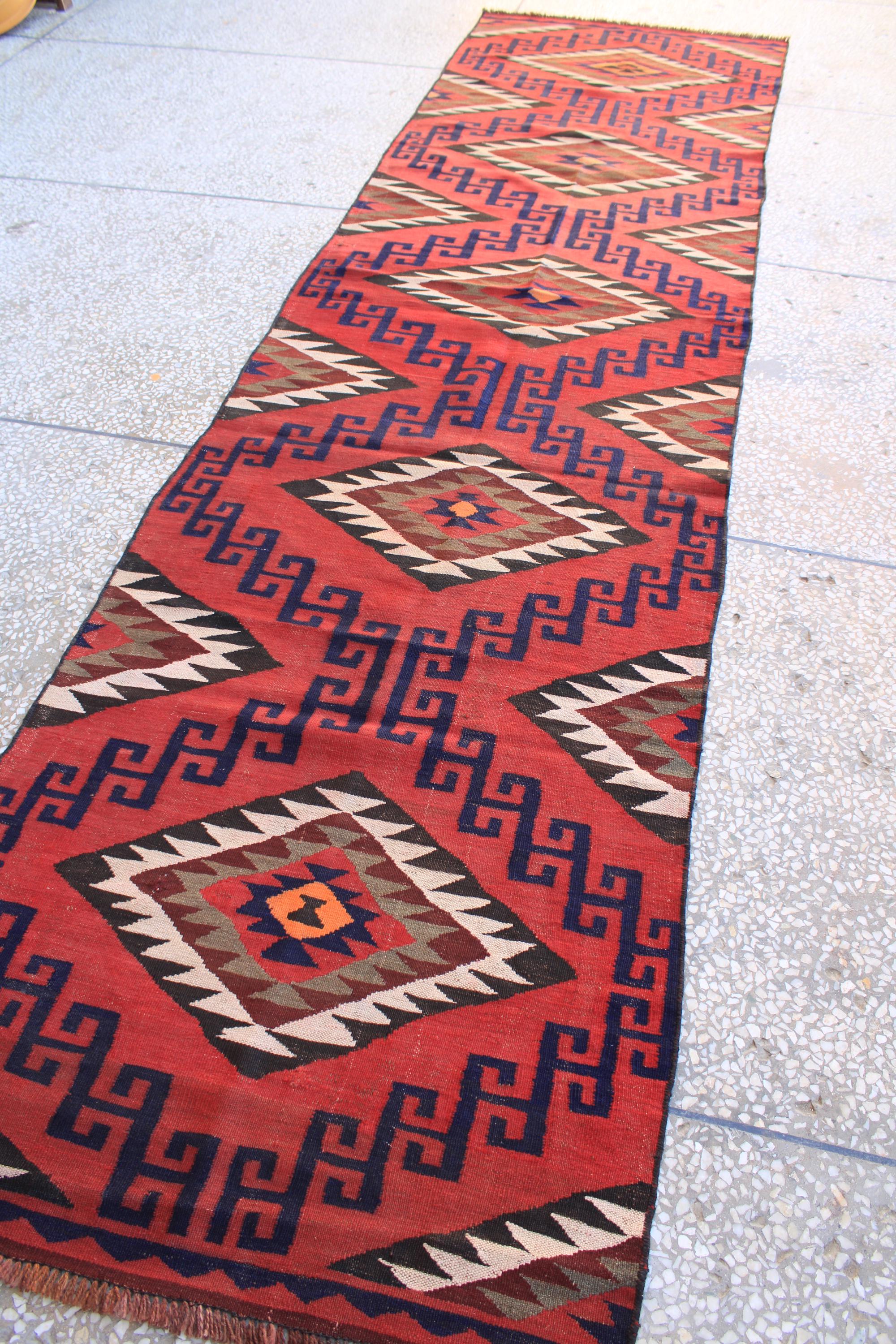 ヴィンテージ アフガン ランナーラグ：テラコッタウールキリム、3 x 13