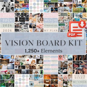 Kit de quadro de visão 2026 em tons pastel - PDF para impressão com mais de 1.259 imagens, adesivos e afirmações