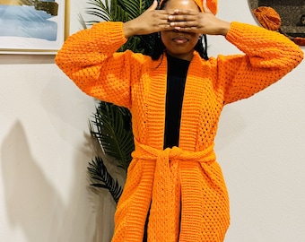 Crochet Cardigan, Set of 3 pieces( Hand Crocheted Cardigan, Belt, hat), Special Gift For Her, Red Orange women Winter Fall Sweater, BNIKB