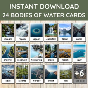 24 Bodies of Water Montessori Flashcards for Kids, Geography Flashcards with Real Pictures, Water Formations Learning, Homeschool Geography