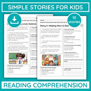 10 Reading Comprehension Worksheets for Grade 1 & 2 with Short Stories and Questions, Printable ESL, Homeschool, Classroom Literacy Practice