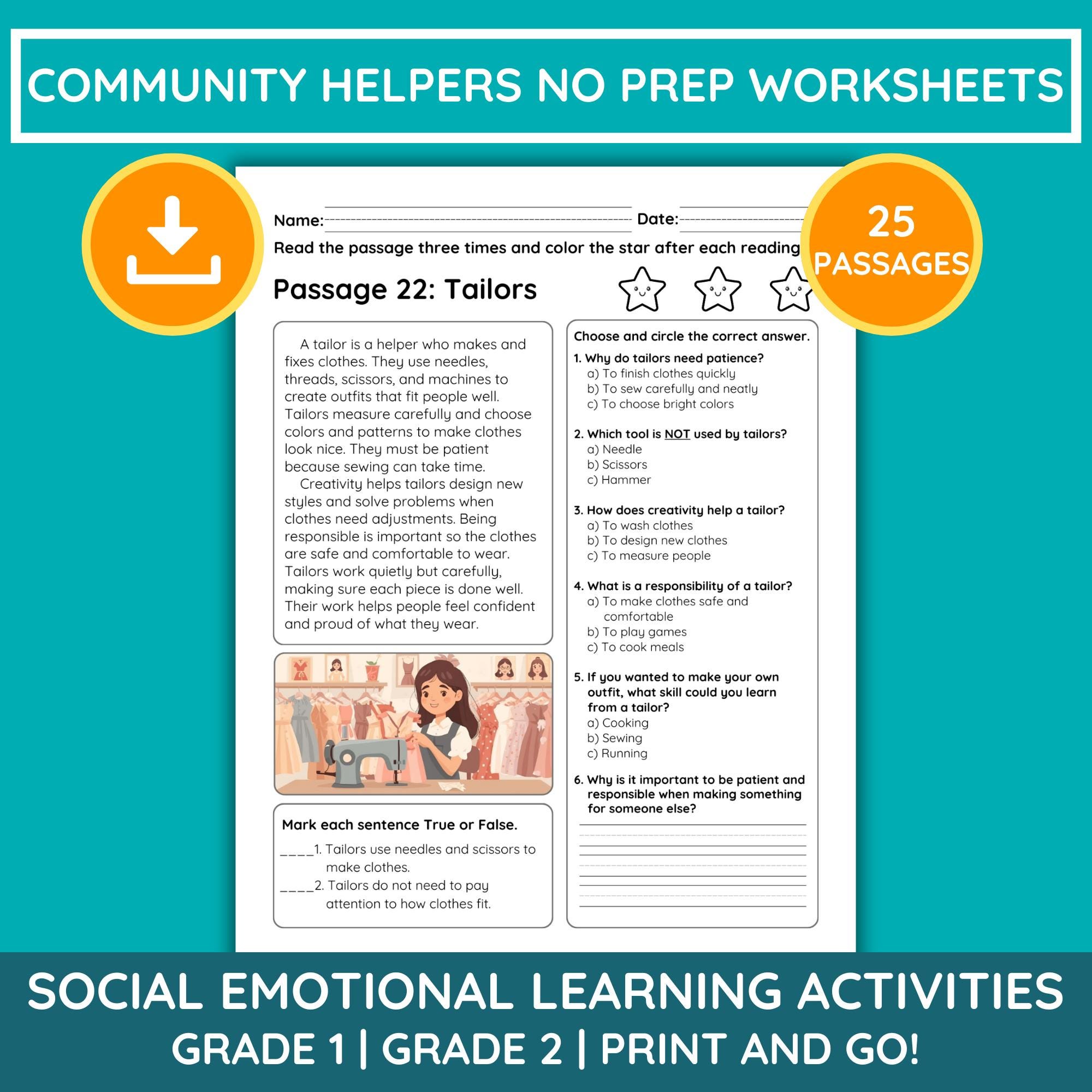 Community Helpers Reading Comprehension Worksheets: SEL Activities ...