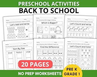 Back to School Preschool Worksheets: Tracing, Counting, Colors (PDF Downloadable Printables, 20 Pages)