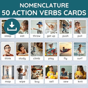 50 schede didattiche sui verbi d'azione più comuni per bambini, schede stampabili sui verbi d'azione ESL, schede di nomenclatura, materiale stampabile per l'istruzione parentale, download immediato di PDF