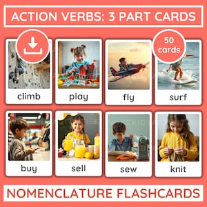 Tarjetas didácticas de verbos de acción para inglés como segundo idioma y educación en casa: aprendizaje visual (descarga en PDF)