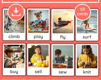 Tarjetas didácticas de verbos de acción para inglés como segundo idioma y educación en casa: aprendizaje visual (descarga en PDF)