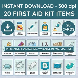20 EHBO-flashcards voor kinderen, op Montessori geïnspireerde veiligheidsleerkaarten, afdrukbare EHBO-doos pdf, informatie voor thuisonderwijs en klaslokaal