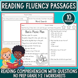 Puede incluir: Hoja de trabajo educativa titulada "Reading Fluency Passages" con la historia "Ben's Picnic Plan" y preguntas de comprensión. Incluye una búsqueda de palabras y espacio para escribir. Presenta ilustraciones de niños y una cesta de picnic.