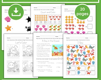 Ocean Animals Preschool Worksheets: 20 Pages - Counting, Tracing, Matching (PDF & PNG Printables)