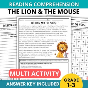 May include: A reading comprehension worksheet titled The Lion and the Mouse featuring a story, multiple-choice questions, and a word search grid. The document includes a cartoon illustration of a lion and a mouse, with spaces for name and date.