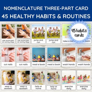 45 Healthy Habits and Routines for Kids Flashcards-Real Pictures, Montessori-Inspired Three-Part Cards, Nomenclature, Homeschool Flashcards