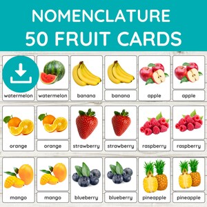 50 cartes-éclair de fruits pour enfants, cartes de nomenclature Montessori en 3 parties, produits à imprimer pour la petite enfance, activité éducative préscolaire et maternelle