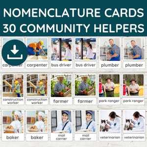 30 communityhelpers flashcards echte foto's, op carrière montessori geïnspireerde kaarten, nomenclatuurkaarten, driedelige kaart, thuisschoolprintables