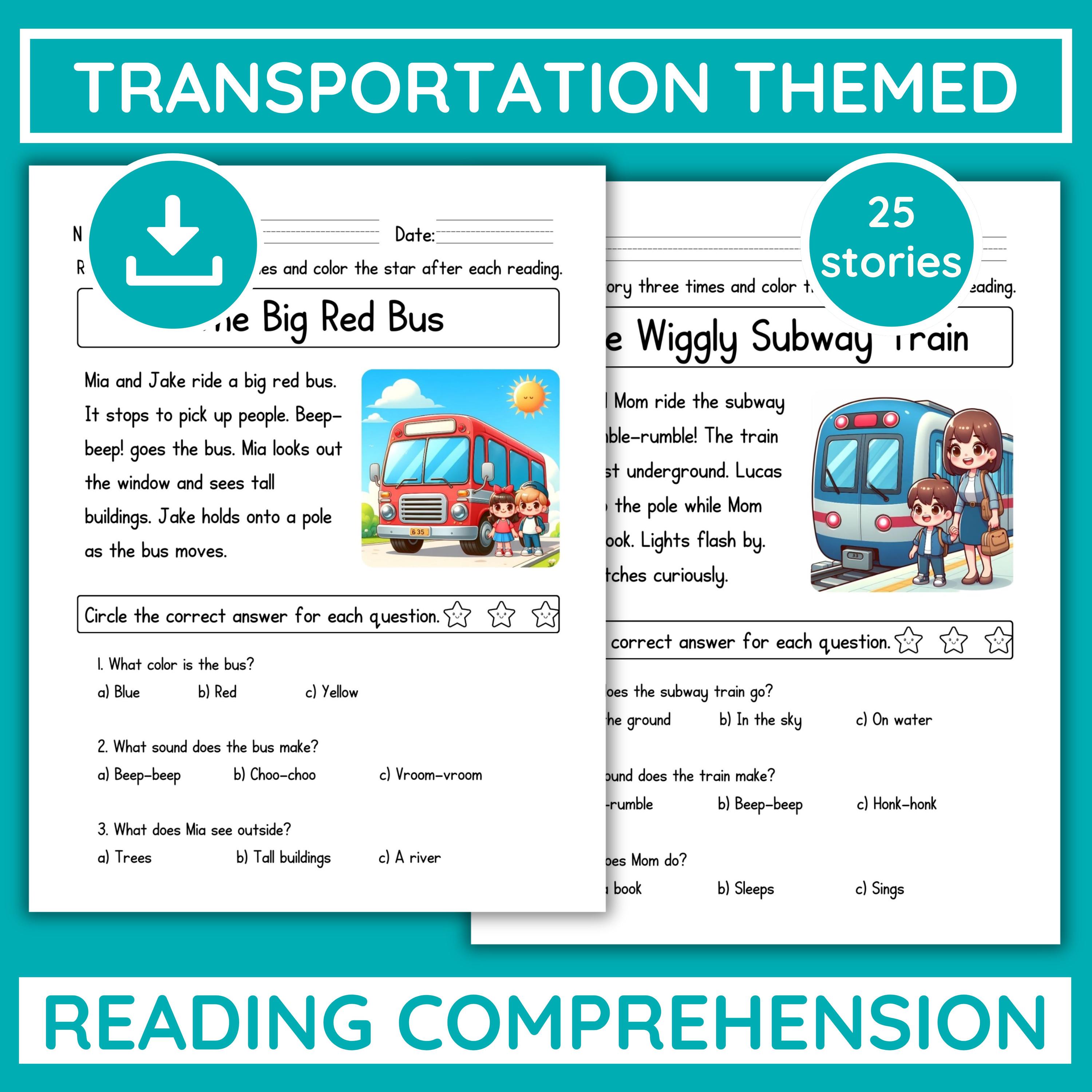 Transportation Reading Comprehension Worksheets: Kindergarten & 1st ...
