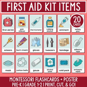Tarjetas didácticas de primeros auxilios para niños: Aprendizaje de seguridad Montessori (PDF imprimible)