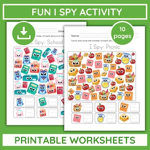 I Spy Game Printable – 10 Page Quiet Time Activity Bundle for Kids, Preschool & Kindergarten Counting Worksheets, PDF for Holidays