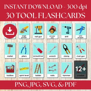 30 Flashcards de kit de ferramentas, pacote de aprendizagem de ferramentas, materiais imprimíveis Montessori, Flashcards para crianças pequenas, Flashcards de ferramentas para crianças, download instantâneo